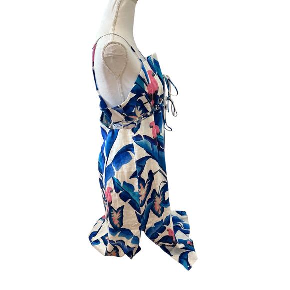 Farm Rio Blue Foliage Linen Laced Front Maxi Dress White Blue XL - Picture 6 of 13